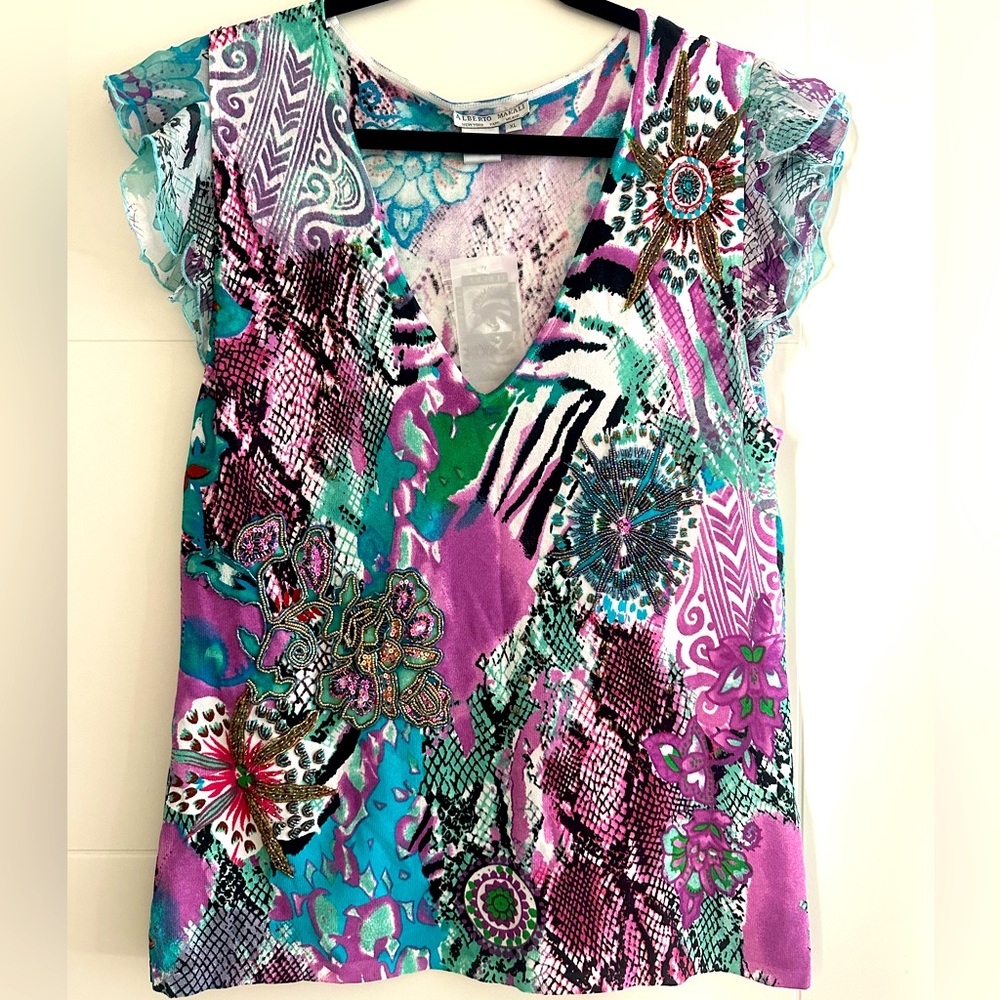 Alberto Makali V-neck, ruffles cap sleeve blouse. Purple and Teal. NWT . XL